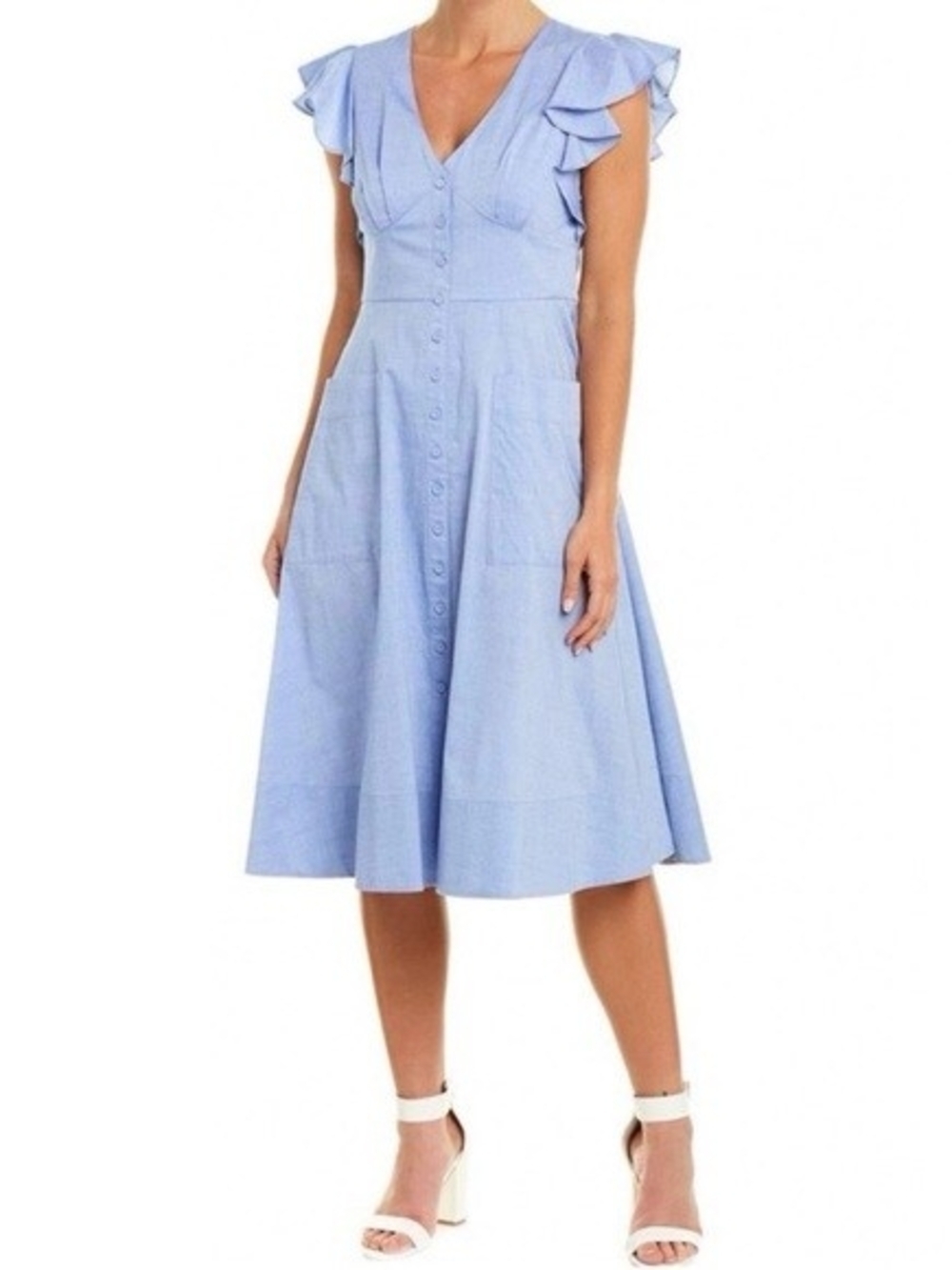 Eliza J Light Blue Button-Front Ruffle Sleeve Midi Dress With Pockets Women's 12